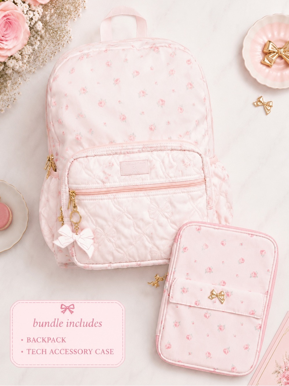 LoveShackFancy pink backpack & Tech Organizer Blooming heirloom ditsy bloom